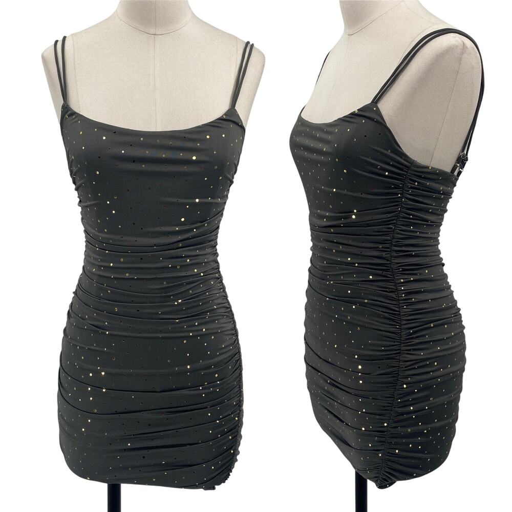 Lucy in the Sky Bodycon Mini Dress Gold Mirrored Polka Dot Ruched Gray Womens XS